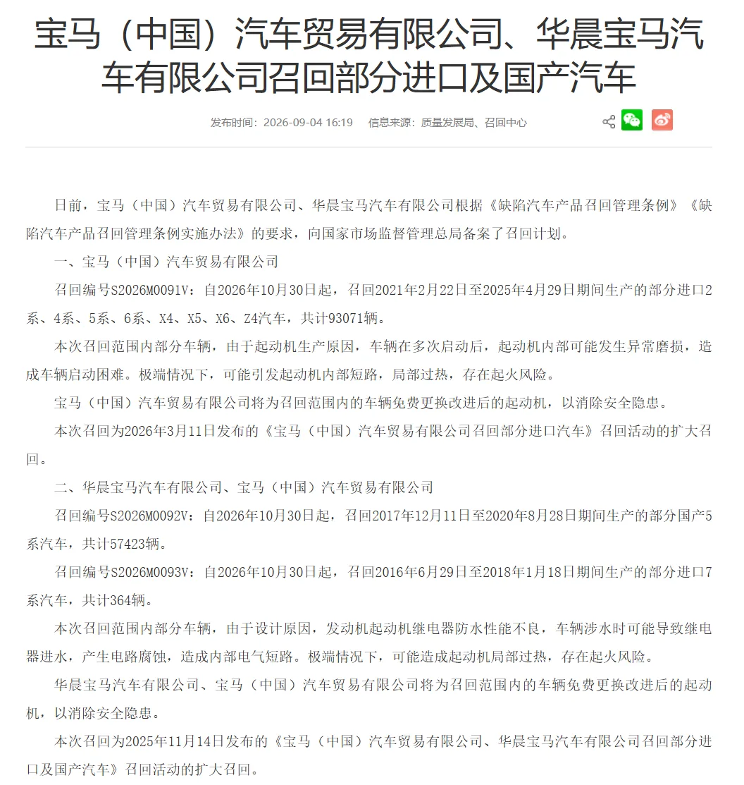 Details of BMW China, BMW Brilliance's recall Source: China Market Supervision Administration